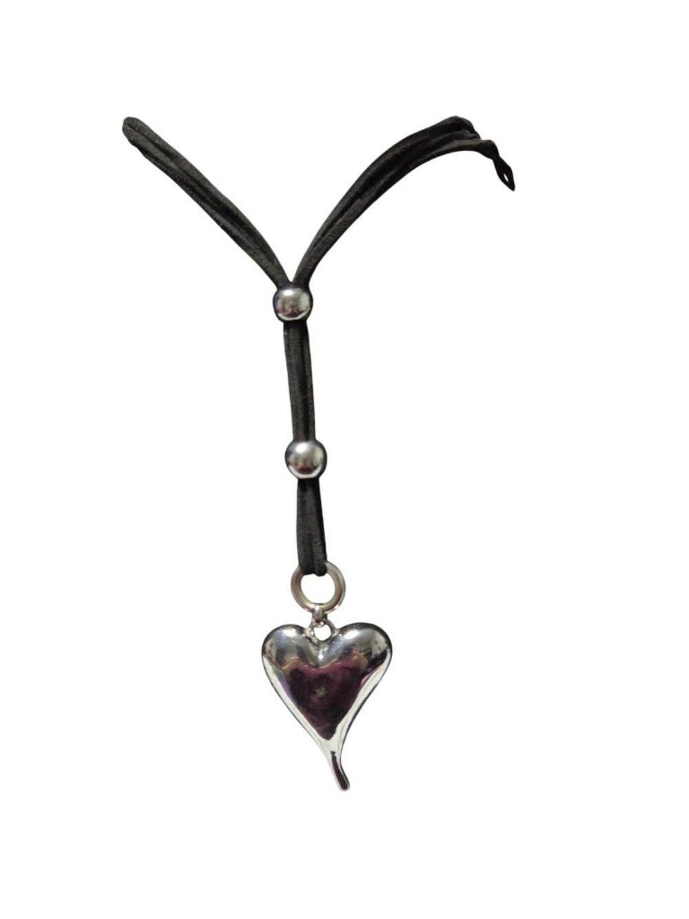 Heart Pendant Necklace Black Cord Silver Tone Beads Double Sided Design Jewelry